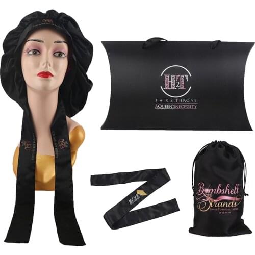 Custom design double layer satin silk bonnet and wrap band lace melt adhesive tape headband bag paper packaging boxes