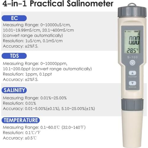 4-in-1 Pen Type Portable Water Quality Analysis Device Tester Salinity/EC/TDS/Temp. Meter with ATC Function Temperature Meter