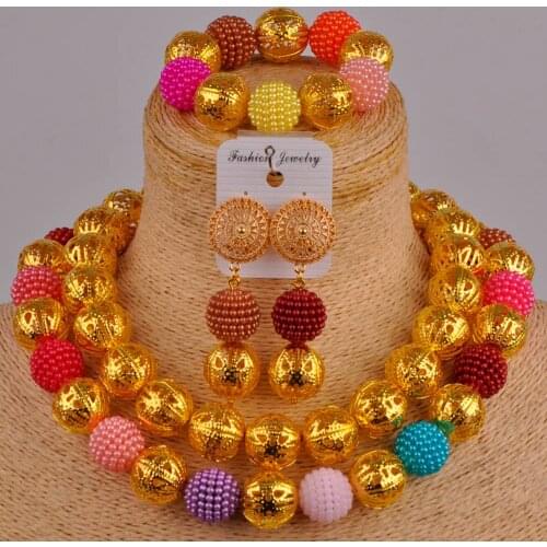 Multicolors and gold african necklace jewelry set costume african set simulated pearl nigerian beads jewellry sets ZZ16