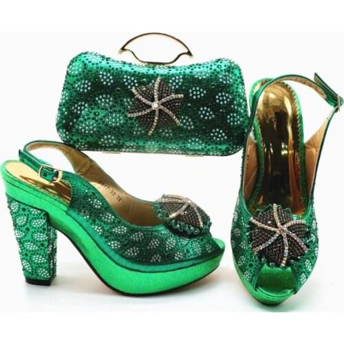Wonderful green women high heel shoes match handbag set with rhinestone flower style african pumps and bag for dress X52