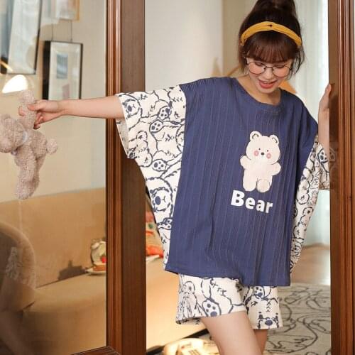 Summer Cotton Womens Pajamas Set Cute Cartoon Bears Printed Pajamas Elegant Short Sleeve Homewear Loose Bat Sleeve Sleepwear