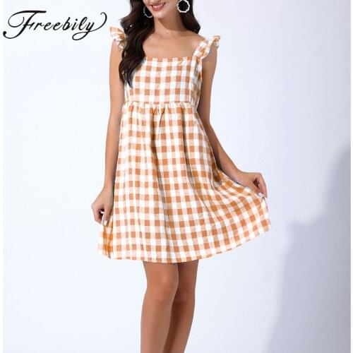 Women’s Casual Plaid Sun Dress Cute Sleeveless Ruffle House Dress Nightgowns Sleep Wear