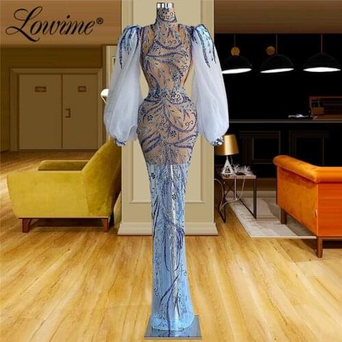 Lowime Customized Blue Mermaid Evening Dresses Dubai Women Night Party Celebrity Dresses Illusion Lace Long Prom Dress 2021 Robe
