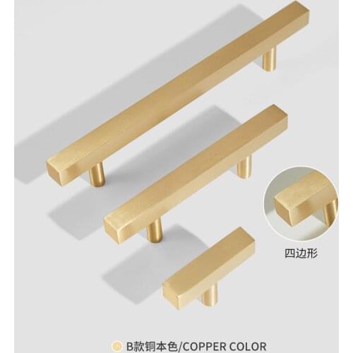 Gold Solid Brass Cuboid Knob Square T Bar Drawer Cabinet Door Pulls for Kitchen Room Longer Dresser Handle Furniture Hardware