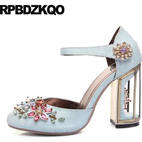 4 34 Small Size Jewel Ankle Strap High Heels Wine Red Thick 2017 Extreme Crystal Round Toe Rhinestone Light Blue Women Shoes