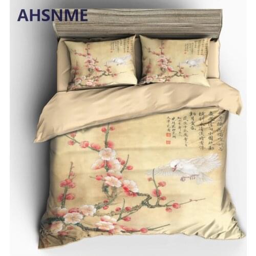 AHSNME Chinese Ink Painting Spring Plum Duvet Cover Sets 100% Microfiber Bedding Set 3pcs