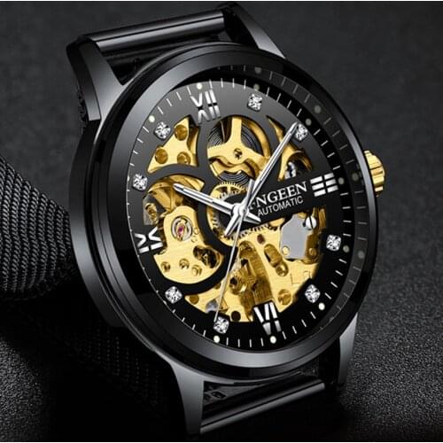 Double Sided Skeleton Men Gold Watch Sport Stainless Steel Automatic Mechanical Watches Mens Fashion Luminous Clock Montre Homme