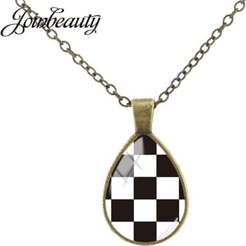 JOINBEAUTY Black and White Checkerboard Pattern Tear Drop Necklace Glass Cabochon Water Drop Pendant Necklaces Jewelry TX549