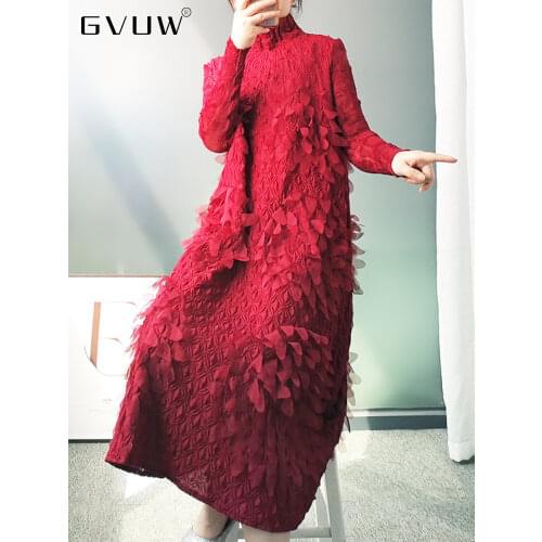 GVUW New Dresses Midi Long Embroidered Turtleneck Women Dark blue Dropshipping Issey Miyake Pleats Please 2021 Autumn KB7173