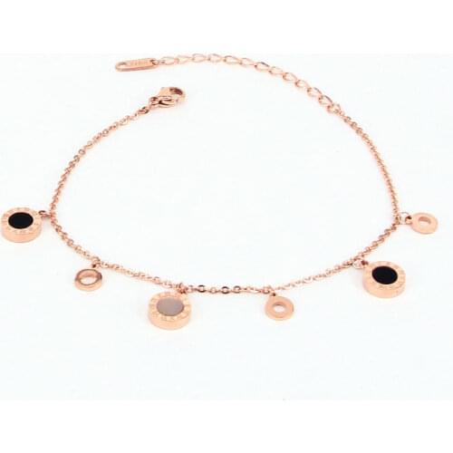 Delicate Hang Three Circle And Three Roman Numeral Black And White Shell Anklet For Women Stainless Steel Rose Gold Color Anklet