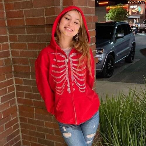 Zip Up Red Hoodie Y2k Womens Rhinestone Skull Casual Sweatshirt Punk E-girl Harajuku Long Sleeve Outerwear Plus Size Clothes Za