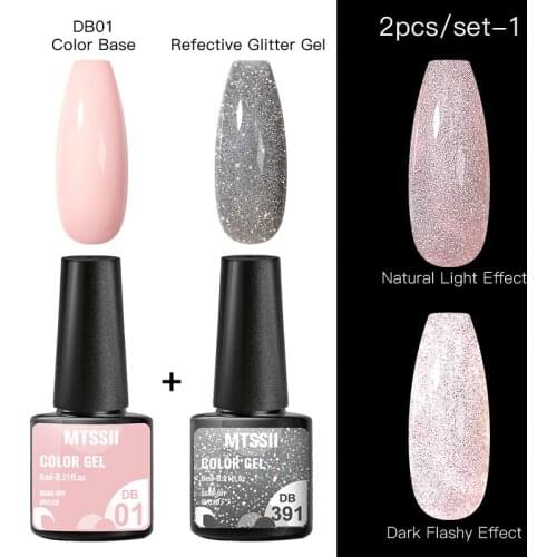 MTSSII 2Pcs Holographic Gel Nail Polish Set Sparkling Auroras Reflective Laser Polish Semi Permanent Uv Top Base Coat Gel Kit