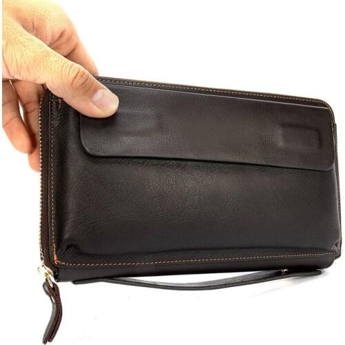 Genuine Leather Double Zipper Mens Clutch Bags Clutch Male Mens Wallet Purse For Men Passport/Phone Wallets For Credit Card