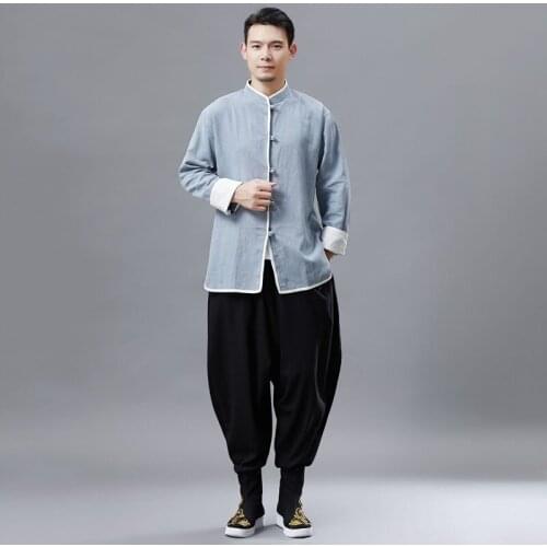 Men Chinese Style Hanfu Men Tops Tang Suit Tai Chi Kung Fu Clothes Jackets Cotton Linen T-Shirt Oriental Fashion Clothing TA2493