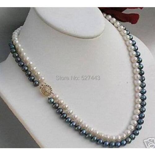 Wholesale free ship 2rows 7-8mm black white freshwater Cultivation pearl necklace