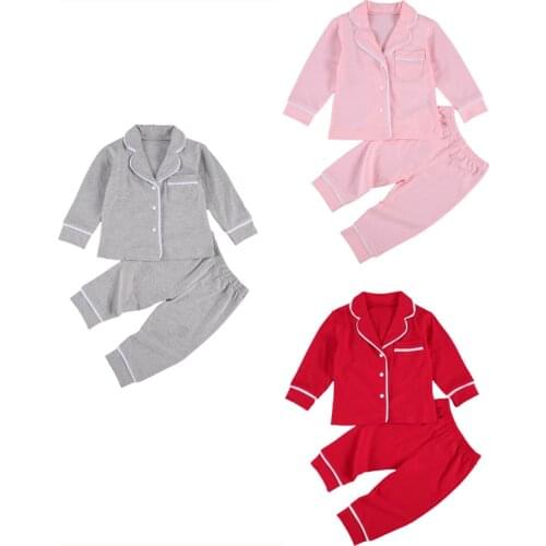 0-5Years Toddler Kids Baby Girls Boys 2Pcs 100% Cotton Pajama Sets Long Sleeve Jacket Shirt Pants Solid Sleepwear Red Gray Pink
