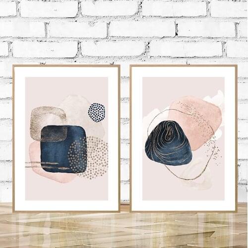 Nordic Posters and Prints Pink Gold Cream Navy Canvas Painting Watercolor Abstract Wall Pictures for Living Room Home Decor