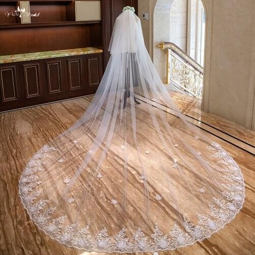 LZP293 4 Meters Long Wedding Veil Lace Edge With 3D Diamond Tulle Flowers Bridal Veil Two Layer Cathedral Wedding Veil