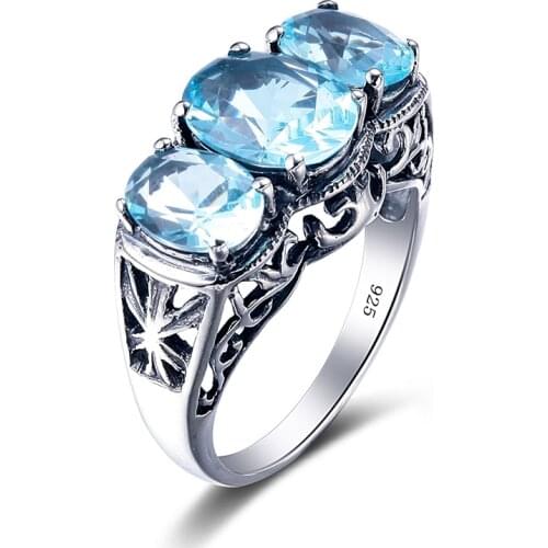 Vintage Women Cocktail Ring Fine Jewelry Hollow 925 Sterling Silver Created Aquamarine Peridot Precious Stone Ring Wedding Party