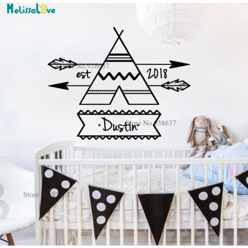 Teepee Arrow Baby Room Tribal Custom Name Birth Year Rustic Nursery Decor Vinyal Wall Sticker Wallpaper Decal Home Mural BA024