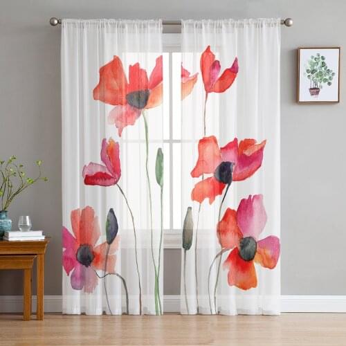 Poppy Flowers Window Curtains Living Room Tulle Curtains Kitchen Decor Kids Room Curtain Window Treatment