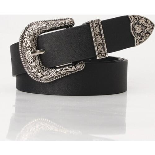 PU Leather Belt Women Metal Western Buckle Waist Belt Vintage Carved Ladies Belt Waistband cinturon mujer PY52
