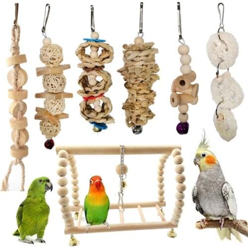 7Pcs Pet Bird Parrot Wood Ball Bell Rope Bead Hanging Ladder Swing Cage Chew Toy Log Yellow Parrot Perching Entertainment Stand