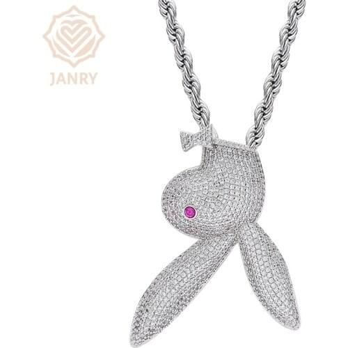 JANRY Solid Red Eye Bunny Pendant Necklace Zircon Hip Hop Silver Color Necklace With Cuban Tennis Rope Chain For Men Women