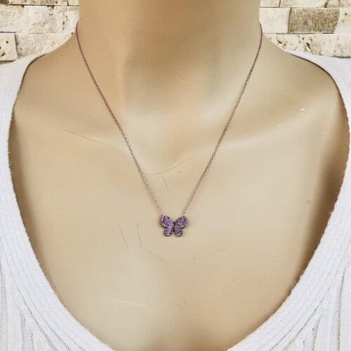 Pink Butterfly 925 Sterling Silver Necklace Women Girls Gift Jewelry Accessories Fashion Handmade Elegant Chain