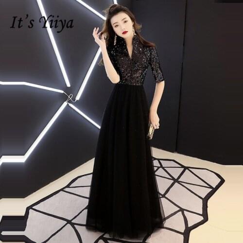 Black Evening Gowns Its Yiiya BR320 Sparkling Sequins V-neck Evening Dresses A-Line Long Elegant Vestidos De Fiesta 2020