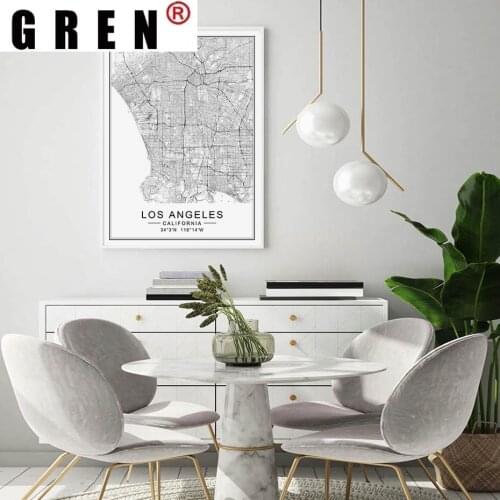 GREN Los Angeles Map Modern Building Landscape Canvas Painting Poster Print Black White Wall Art Pictures Living Room Home Decor