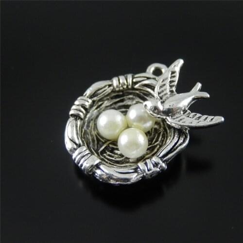 JulieWang 5PCS Mini Charm Alloy Retro Silver Plated Birds Nest with ABS Greated Pearl Pendant Charms Handmade Hanging Tops