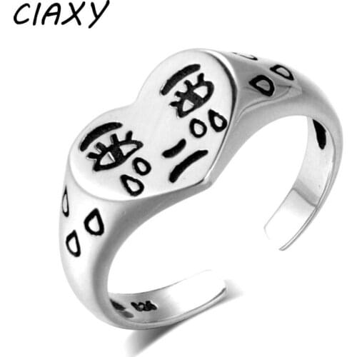 CIAXY 925 Sterling Silver Retro Crying Face Tears Rings for Women Fashion Open Finger Ring Creative Jewelry Gift