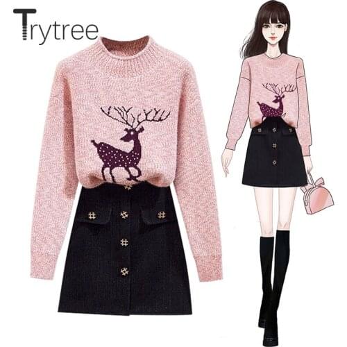 Trytree 2021 Autumn Winter Two Piece Women Set Knitted Elk Thick Sweater + Diamond Buttons Tweed Zip Mini Skirt 2 Piece Suit