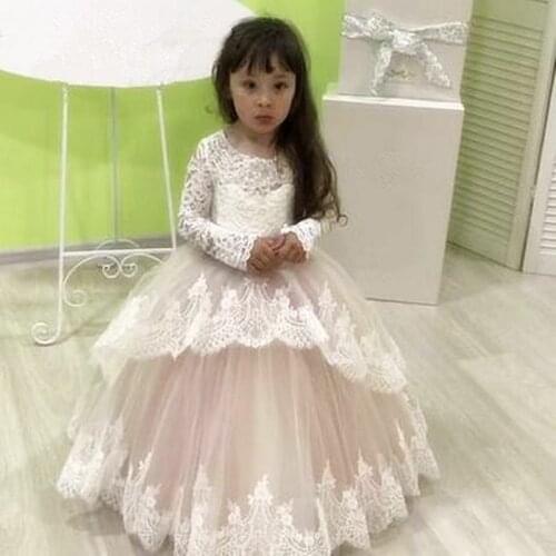 Lace Flower Girl Dresses For Weddings Long Sleeve Princess Appliqued Lace Bow Kids First Communion Dresses Girl Party Gown