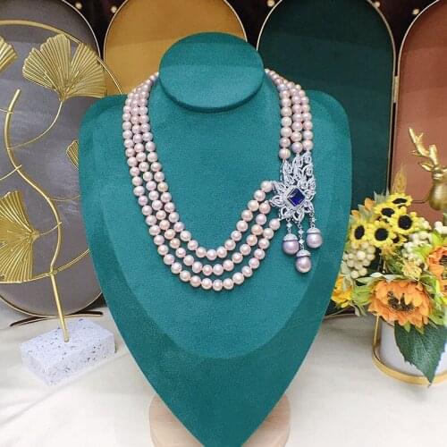 22" 3 Strands 7-8mm Fresh water cultured pink pearl Necklace CZ Pendant