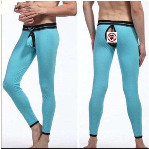 Mens homosexual warm pants low waist Cotton autumn winter long Leggings hollow removable bag autumn pants for men