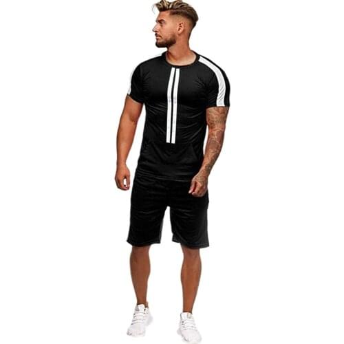 60# Mens Summer Leisure Shirts + Shorts Suit Stripe Color Collision Short Sleeve Shorts Sports Thin Sets Loose Casual Short Set