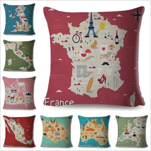Italy France USA National Cartoon Map Cushion Cover Geometric Pillow Case for Sofa Car Home Decor Simple 45x45cm Pillowcase