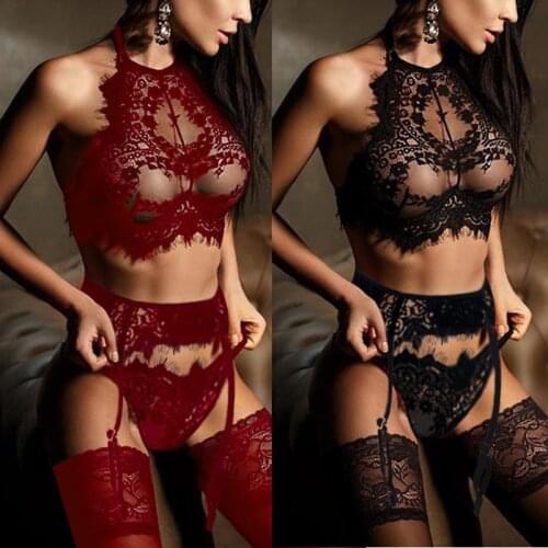 Lingerie Sexy Hot Erotic Bra + Thongs Garters Set Sexy Sleepwear Exotic Underwear Porn Sex Costumes Transparent Lace Babydoll
