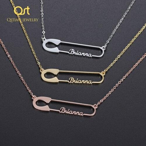 Personalized Letter & Safety Pin Charm Necklace&Pendant Stainless Steel Custom Nameplate Necklaces for Women Christmas Gifts