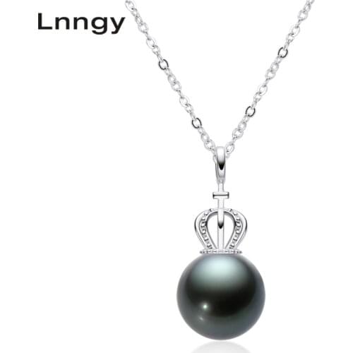 Lnngy 925 Sterling Silver Necklace 10mm Tahitian Spiral Black Pearl Pendant Necklace Women Anniversary Necklace Jewelry Gifts