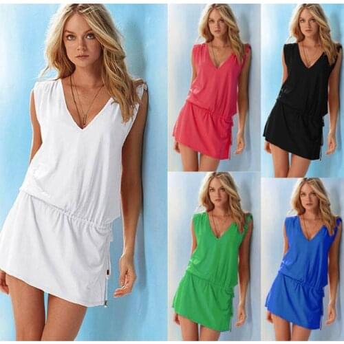 2021 Summer Dress Women Clothing Elasticity Drawstring Casual Solid Color V-Neck Sleeveless Sexy Mini Beach Dresses