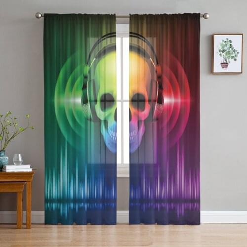 Skull Headphone Green Red Melody Sheer Curtains for Living Room Modern Voile Curtain Bedroom Tulle Curtains Window Drapes Decor