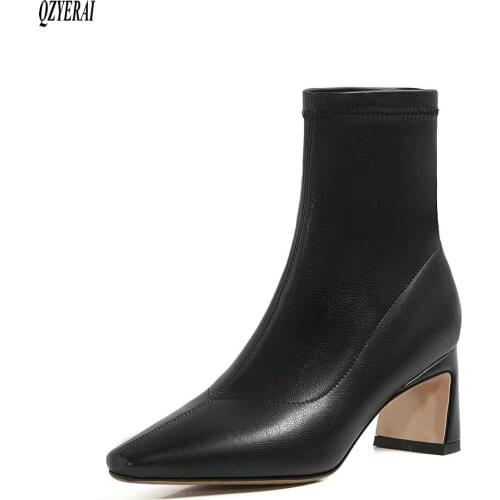 QZYERAI Ankle boots Genuine leather Female boots High heels Womens boots Autumn and winter pointed Womens shoes Size 34-40