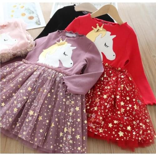 Free shipping Christmas Girls Unicorn Long sleeve autumn Star Princess Dress toddler girl christmas outfits boutique clothes
