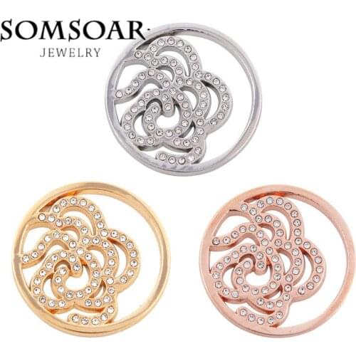 SOMSOAR Jewelry 33MM Flower Coin with Crystal Fit 35MM Coin Holder Frame Pendant 10pcs/lot
