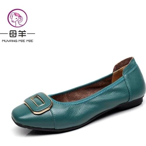 MUYANG MIE MIE Genuine Leather Women Flats New Fashion Square Toe Flat Shoes Woman Casual Soft Loafers Women Shoes
