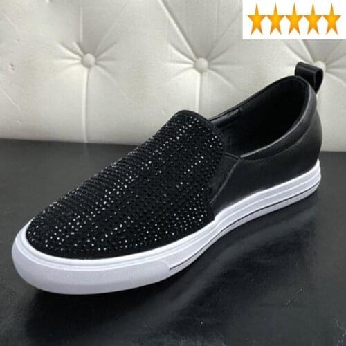 Genuine Leather Flats Shoes Women Rhinestone Black Loafers Comfortable Spring Fashion Slip-On Flat Sneakers Mocasines Mujer