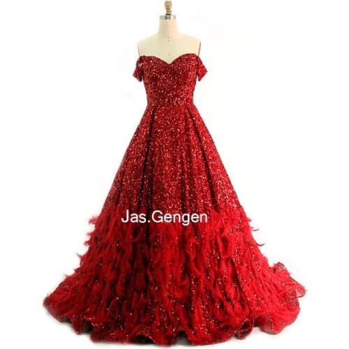 Amazing Ballgown Feather Prom Dresses 2020 Off Shoulder Sequins Fabric Red Color Marrage Party Evening Gowns